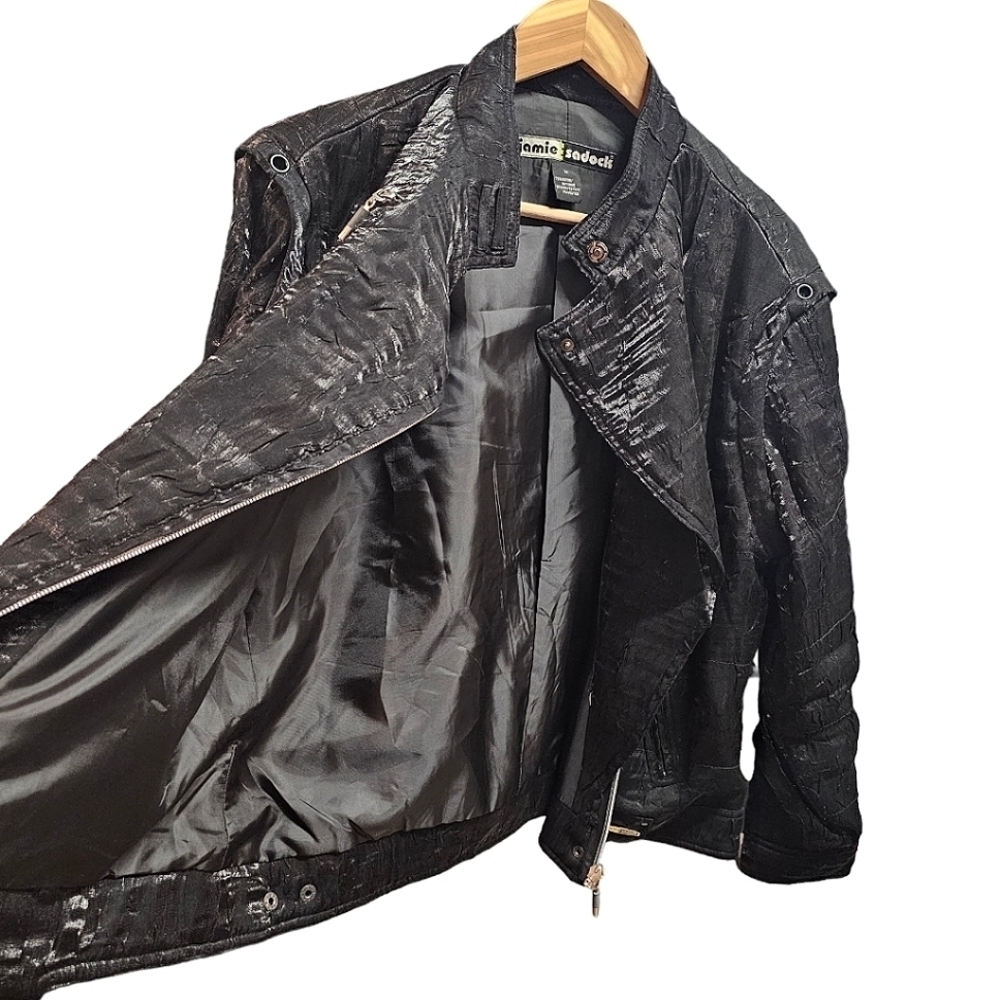 Jamie Sadock Black Crinkle Reflective Zip Front Moto Jacket Size Medium Rayon - Picture 9 of 11